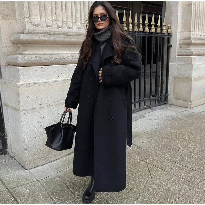 Elegant Grey Belt Long Faux Wo - огляд і ціна Wool Coat Peacoat